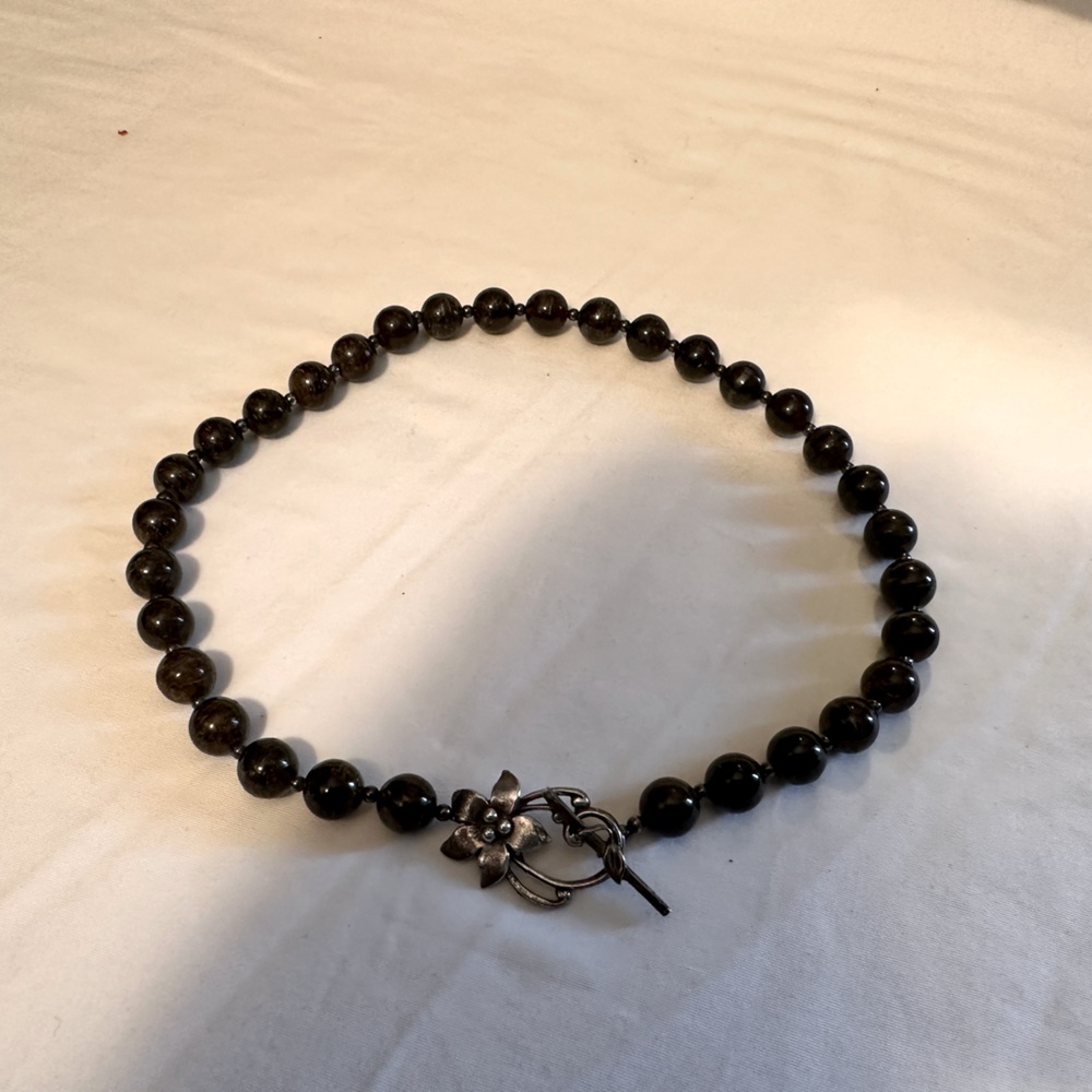 Hand Crafted Dark Brown Beaded Bracelet with Floral Toggle Clasp